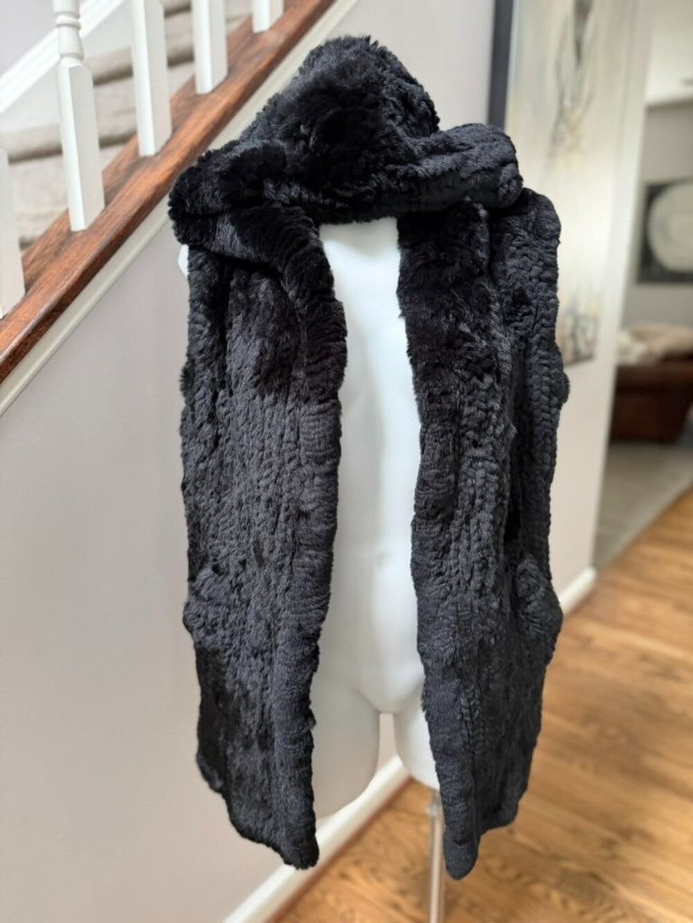 Yves Salomon Women’s Black Rabbit Fur Hooded Vest One Size